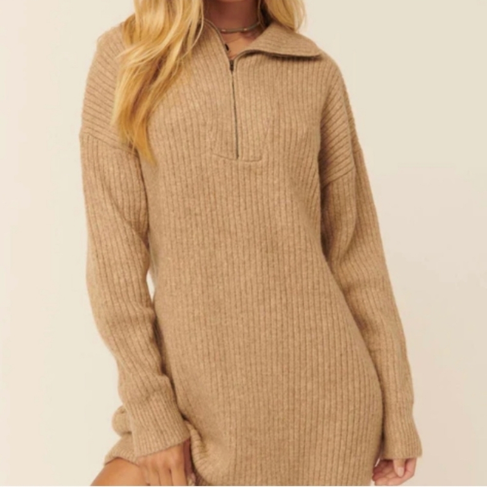 Promesa By the Fire Half-Zip Rib-Knit Sweater Dress, Size S